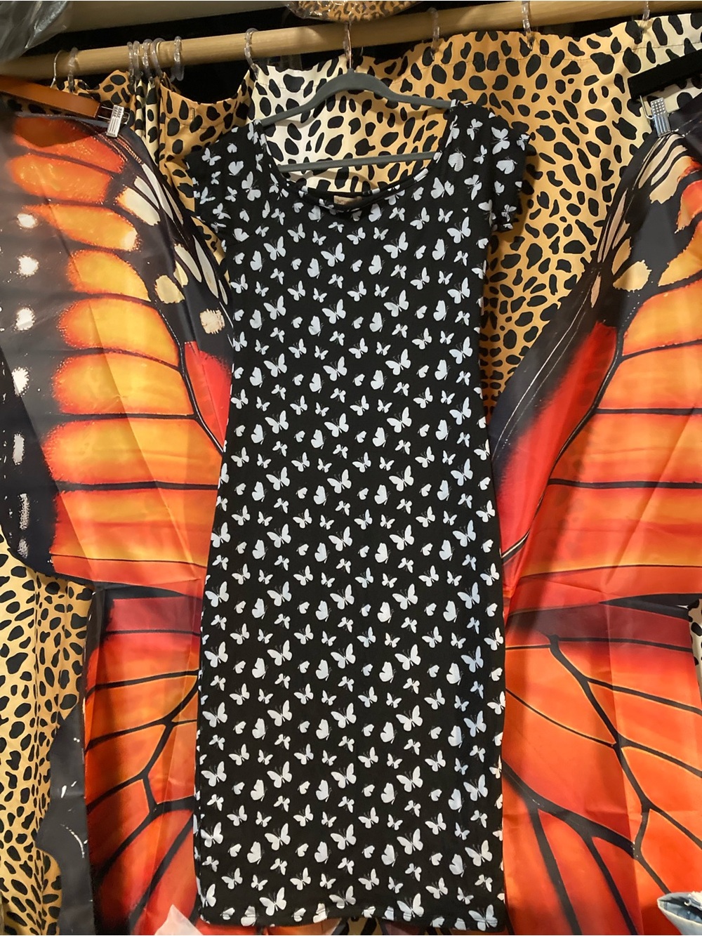 Justify Black Midi Dress with Gray Butterfly Print
